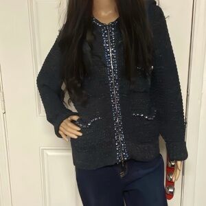 >>>> CHANEL 15P JEWELED
NAVY BLUE METALLIC
CARDIGAN- EU 46 US 12/14 fits like XL
